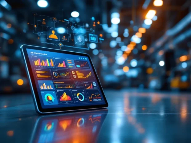 Digitale tablet toont risicobeoordelingsdashboards in moderne industriële werkruimte met geautomatiseerde veiligheidssystemen