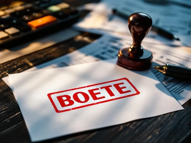 Nederlandse boetedocumenten en veiligheidscompliance formulieren op houten bureau met rekenmachine en pen