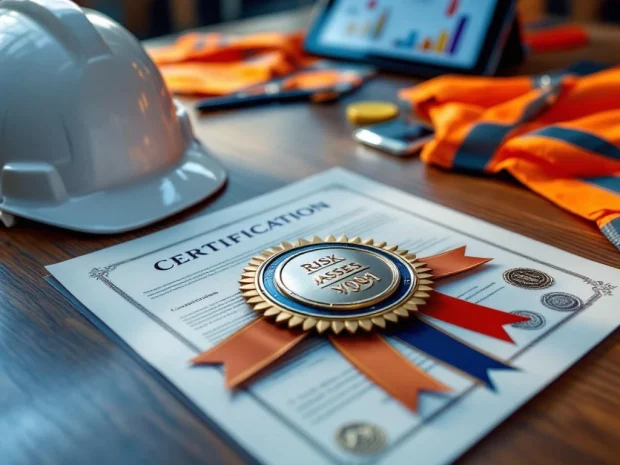 Officieel certificatiedocument met zegels op bureau naast veiligheidshelm, hesje en tablet met risicobeoordelingen