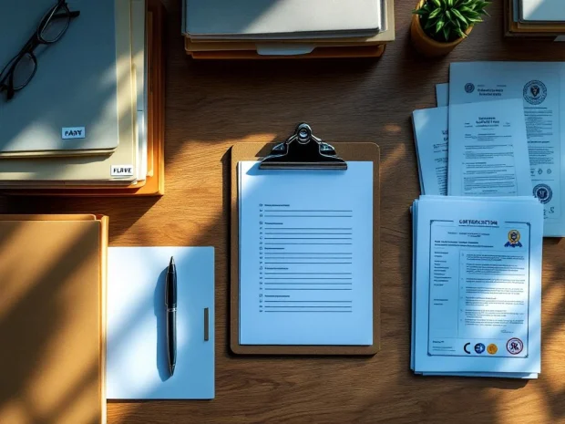 Houten bureau van bovenaf met georganiseerde documenten, klembord met controlelijsten en compliance mappen voor inspectie