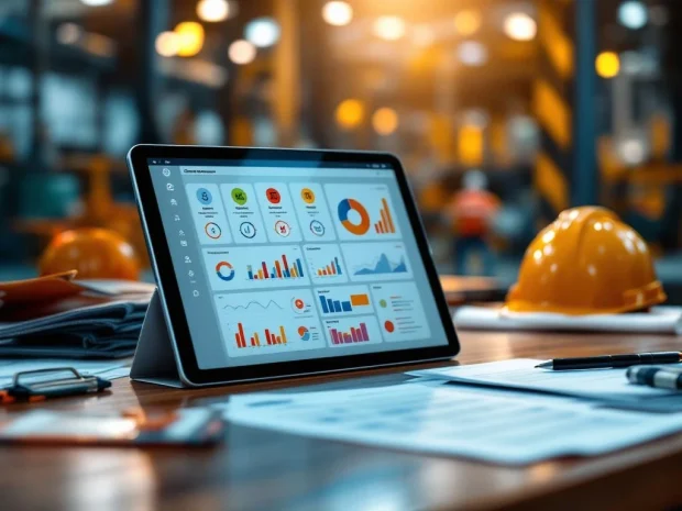 Tablet met digitaal risicobeoordelingsdashboard op houten bureau naast traditionele documenten en veiligheidshelmen