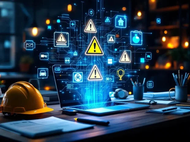 Moderne kantoorwerkplek met laptop die digitale waarschuwingssymbolen toont, veiligheidshelm en handleiding op bureau