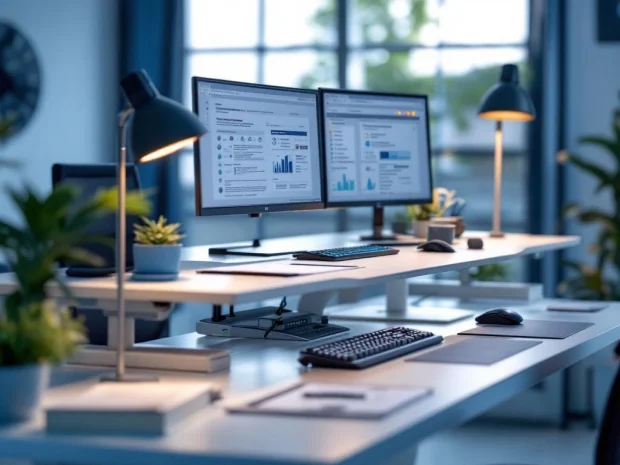 Ergonomische kantoorwerkplek met verstelbaar bureau, bureaustoel met rugsteun, dubbele monitoren en LED-lamp