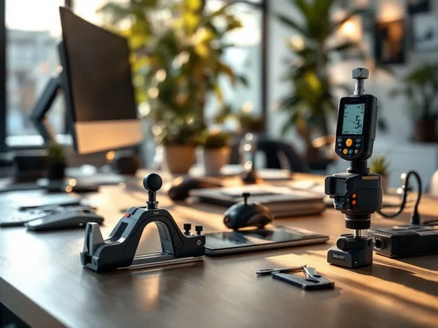 Moderne kantoorwerkplek met ergonomische beoordelingstools, verstelbaar bureau, ergonomische stoel en meetinstrumenten
