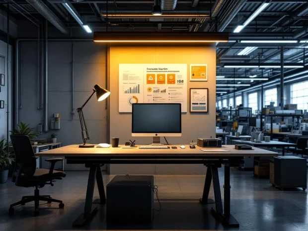 Moderne industriële werkplek met ergonomische verbeteringen, verstelbaar bureau en veiligheidsuitrusting op fabrieksvloer