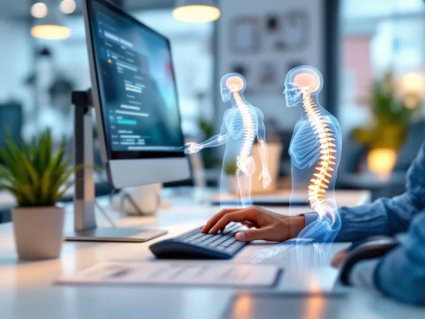 Ergonomische werkplek met verstelbaar bureau, juiste monitorhoogte en gezonde polsposities ter preventie van RSI