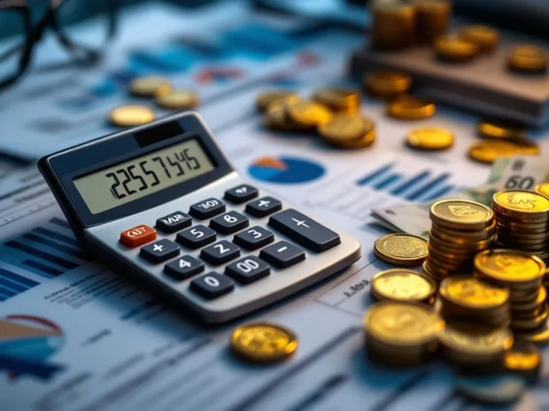 Moderne kantoorbureau met calculator, financiële documenten, grafieken en euro's voor budgetplanning en risicobeheer