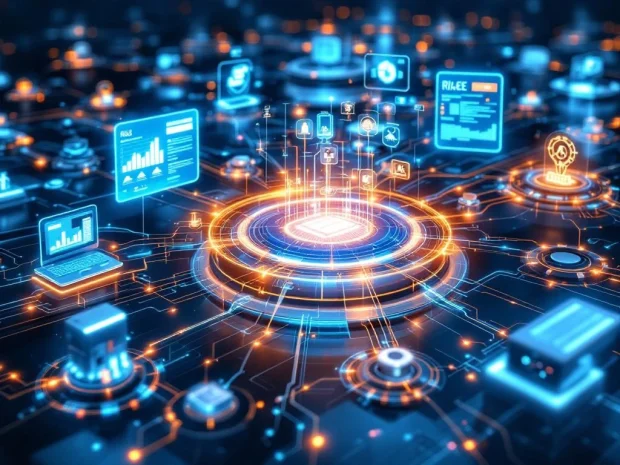 Digitale veiligheidsnetwerken verbinden industriële apparatuur op moderne fabrieksvloer met holografische RI&E-interfaces