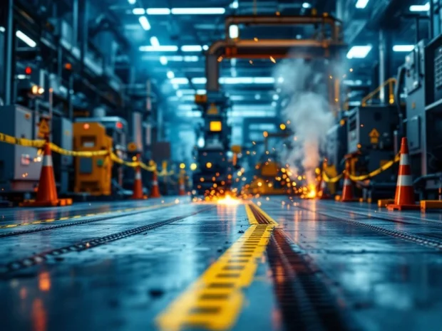 Industriële productievloer met metalen machines, veiligheidswaarschuwingen, vonken van lasapparatuur en gele afzetlint