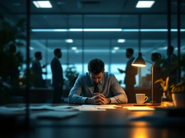 Gestresste kantoormedewerker in pak zit alleen aan bureau met verspreidde papieren en lege koffiemok in modern kantoor