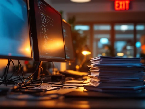 Kantooromgeving met werkplekrisico's: scheef beeldscherm, losse kabels op vloer, wankele documentenstapel en slechte verlichting