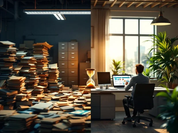 Gesplitst kantoorbeeld: rommelige werkplek met oude RI&E-documenten links, moderne digitale risicobeoordeling rechts