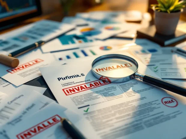 Kantoorbureau met officiële documenten, sommige gestempeld als ongeldig, anderen goedgekeurd, vergrootglas op RI&E-document