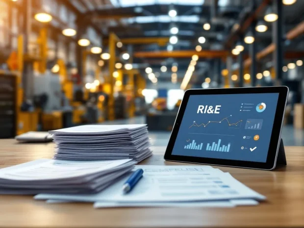 Moderne kantoorbureau met RI&E-documentatie in mappen en tablet met compliance-dashboards, industriële werkruimte op achtergrond