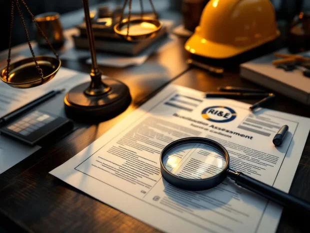 Bureau met juridische documenten, RI&E-papieren, vergrootglas, weegschaal en veiligheidshelmen in professionele omgeving