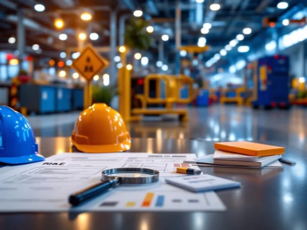 Moderne industriële werkplek met veiligheidsuitrusting, RI&E-documenten op bureau en goed verlichte fabriekshal