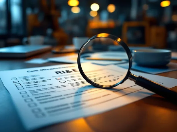 Bureau met RI&E-formulieren, veiligheidschecklists en vergrootglas voor risicobeoordeling en compliance-documentatie