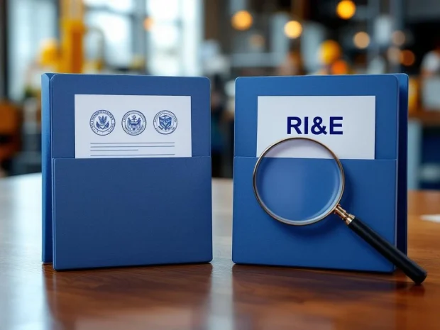 Twee documenten mappen op bureau met vergrootglas voor RI&E beoordeling vergelijking, veiligheidsuitrusting op achtergrond