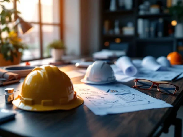Moderne kantoorbureau met veiligheidsuitrusting en RI&E-materialen gerangschikt in systematische stappen voor werkplekveiligheid