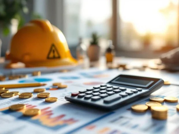 Moderne rekenmachine op wit bureau met financiële grafieken, gouden munten en veiligheidsuitrusting op achtergrond