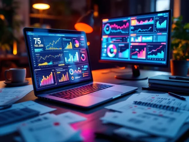 Modern bureauopstelling met laptop met kleurrijke data-dashboards en papieren checklists met rode vinkjes op het bureau
