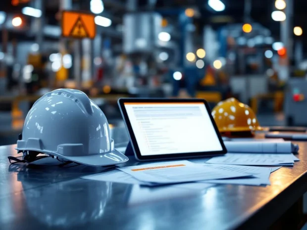 Moderne industriële werkplek met veiligheidshelmen, checklists en risicobeoordeling documenten op metalen bureau