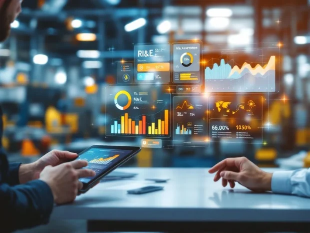 Digitaal dashboard met risicobeoordelingschema's en veiligheidsindicatoren op tablet in industriële werkruimte
