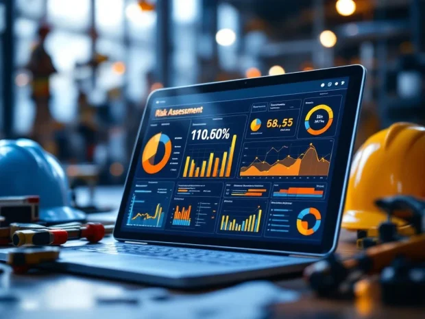Digitaal dashboard met risicoanalyse grafieken op tablet, omringd door industriële veiligheidsuitrusting en helmen