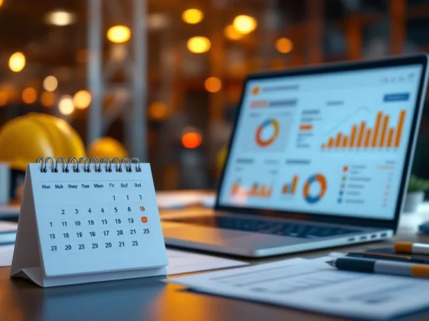Moderne kantoorwerkplek met laptop die risicobeoordelingsdashboard toont, kalender en veiligheidsdocumentatie op bureau