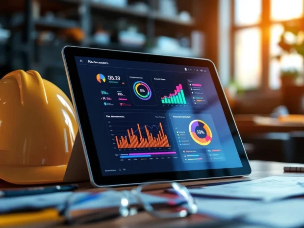 Tablet met kleurrijke risicobeoordeling dashboard op bureau met veiligheidshelm, bril en checklists in moderne kantooromgeving