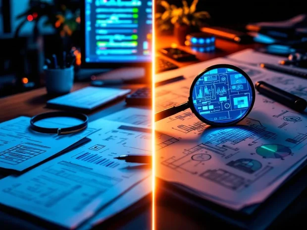 Vergelijking van twee kantooromgevingen: basis risicoanalyse links versus geavanceerde technische werkplek met blauwdrukken rechts