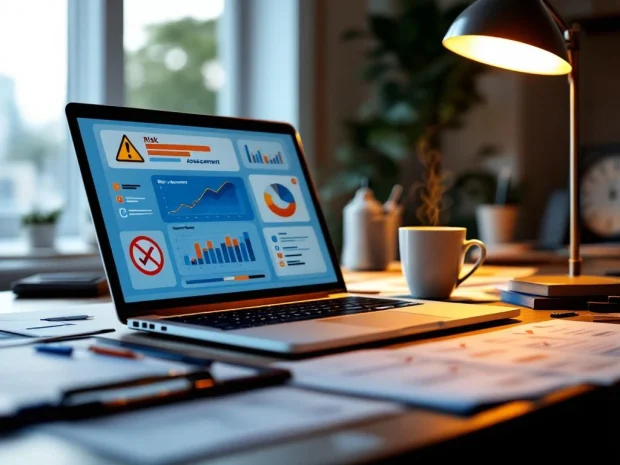 Laptop met risicoanalyse grafieken op bureau naast koffie en veiligheidschecklists in modern thuiskantoor