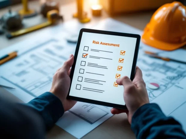 Handen met digitale tablet met risicobeoordelingschecklist boven blauwdrukken en veiligheidshulpmiddelen op bureau