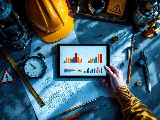 Digitale tablet met risicobeoordeling grafieken op industriële werkplek met blauwdrukken, veiligheidshelm en meetgereedschap