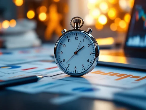 Stopwatch op moderne bureautafel met risicobeoordeling documenten, veiligheidschecklists en compliance dashboard op laptop