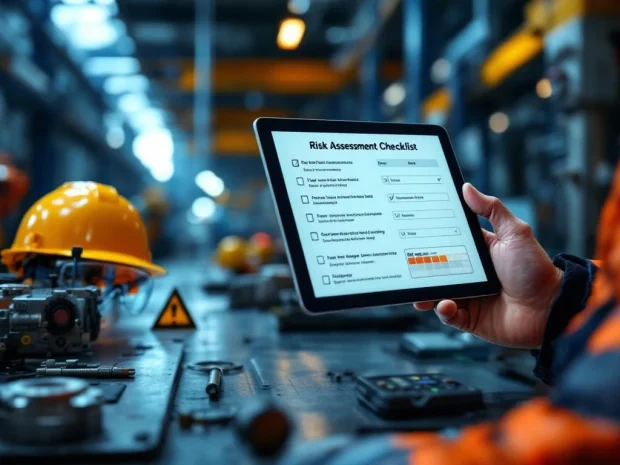 Veiligheidsinspecteur houdt digitale tablet met risicobeoordeling vast in industriële omgeving met veiligheidsuitrusting