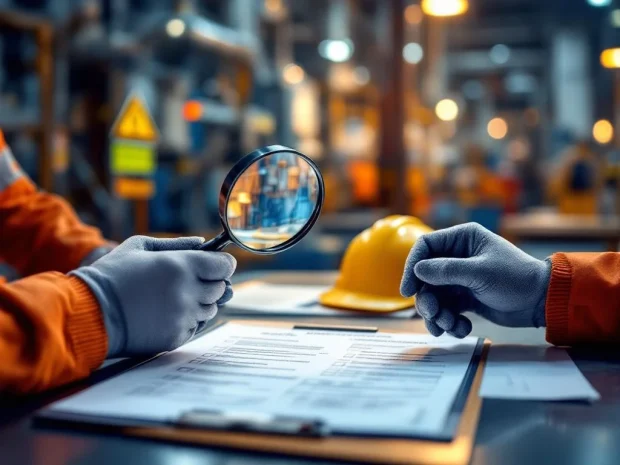 Handen met veiligheidshandschoenen onderzoeken risicobeoordelingslijst met vergrootglas op professioneel bureau