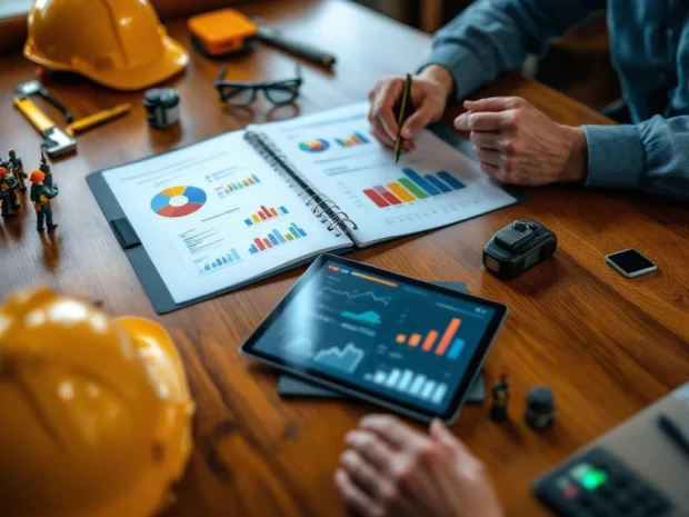 Professionele consultatie opstelling met risico-evaluatie documenten, veiligheidsdiagrammen en tablet op houten tafel