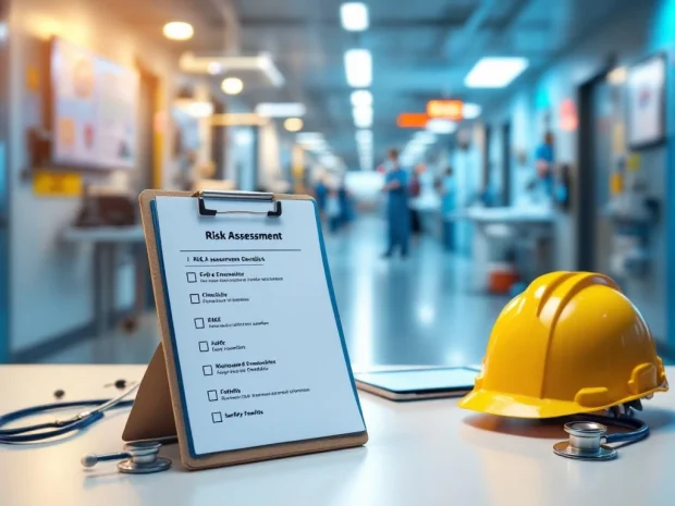 Professionele risicobeoordeling in moderne zorgfaciliteit met RI&E-documentatie, medische apparatuur en veiligheidssignalering
