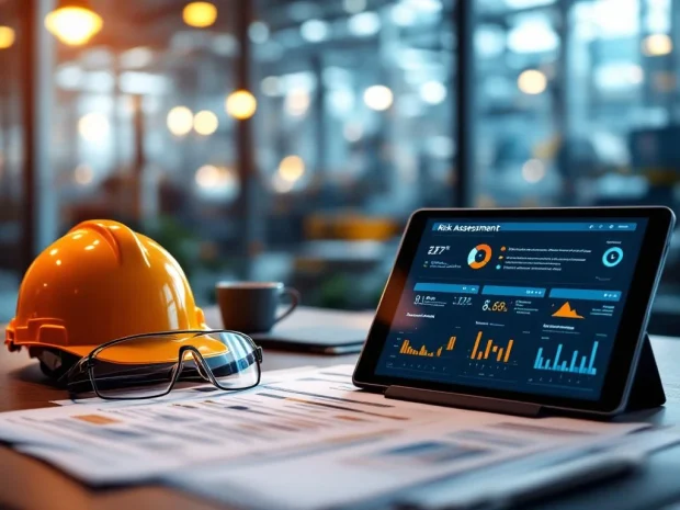Kantoorbureau met veiligheidsdocumenten, helm, veiligheidsbril en tablet met risicobeoordelingen voor werkplekbeveiliging