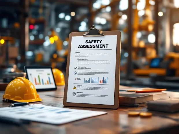 Klembord met veiligheidsdocumenten op industriële werkplek met helmen en veiligheidsuitrusting op achtergrond