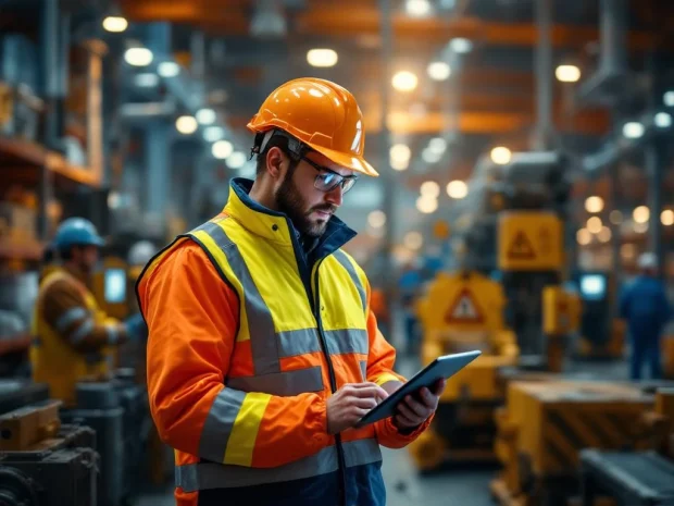 Veiligheidsexpert in reflecterend vest voert risicobeoordeling uit met tablet in industriële omgeving met waarschuwingsborden
