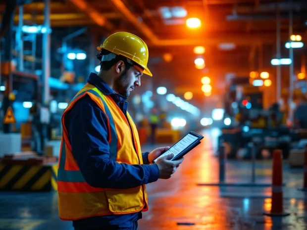 Veiligheidsinspecteur in reflecterend vest voert risicoanalyse uit in industriële faciliteit met tablet en checklist