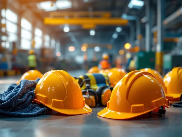 Veiligheidsuitrusting met helmen en hesjes op voorgrond van moderne industriële werkplaats met machines