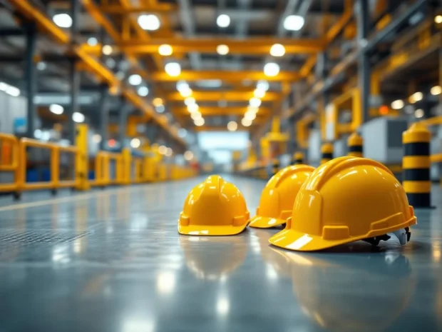 Gele veiligheidshelmen en reflecterende vesten op georganiseerde industriële werkplek met veiligheidssignalering