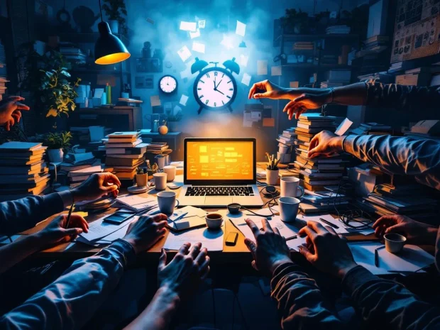 Overbelast kantoor met gestapelde papieren, laptops met meldingen en meerdere handen die naar taken reiken bij avondlicht