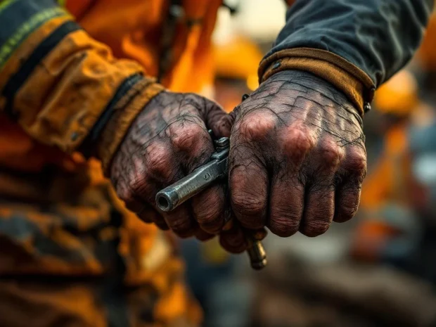 Werker met vermoeidheid houdt zwaar industrieel gereedschap vast op bouwplaats met veiligheidsuitrusting op achtergrond