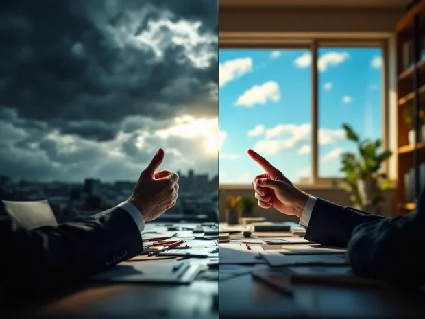 Werkplek mediatie: chaotisch bureau met storm links, georganiseerde werkruimte met blauwe lucht rechts, bemiddelaar centraal