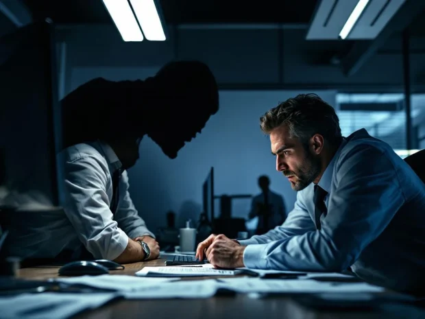 Zakelijke professional intimideert collega op kantoor, dramatische schaduw over bureau met computer en documenten
