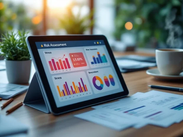 Digitale tablet toont kleurrijke stressindicatoren op modern kantoorbureau met verwelkte plant en koffiekop